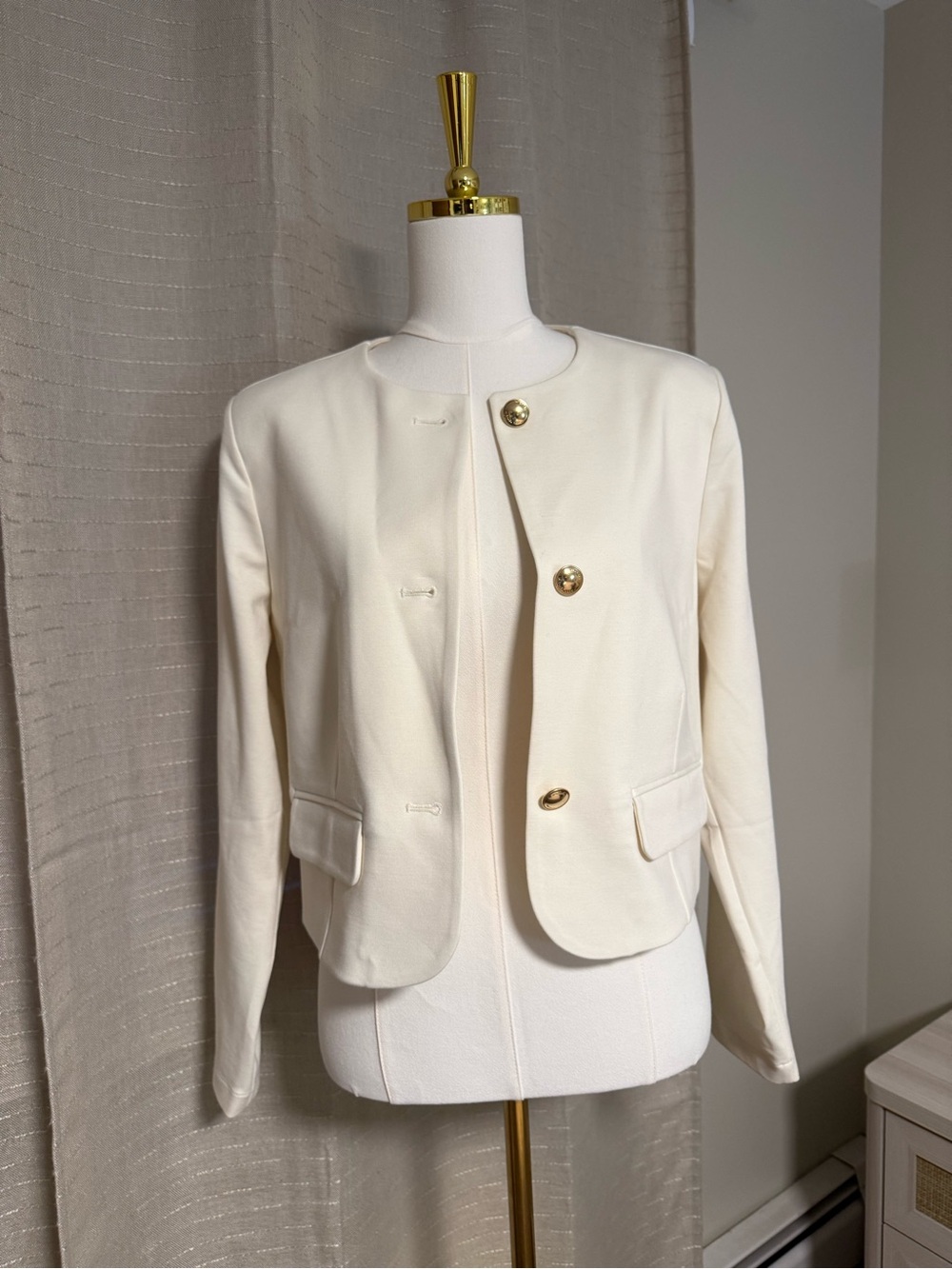 Michael Kors Cream Collarless Blazer with Gold Buttons